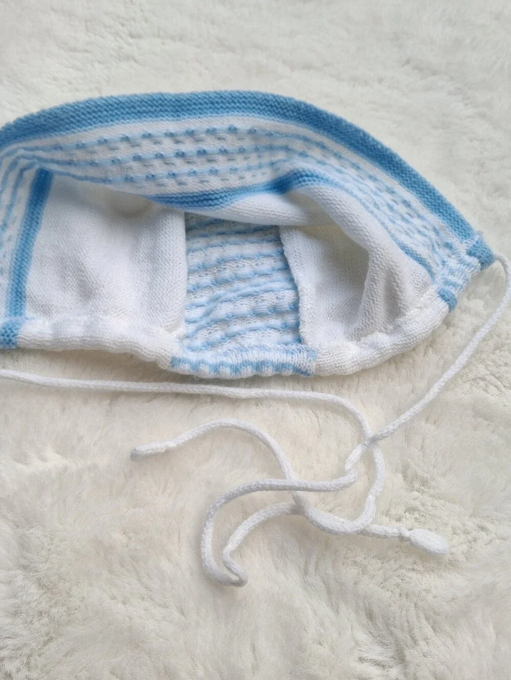 Baby Knit Bonnet in White and Light Blue - Kids Accessories Size 3-6m